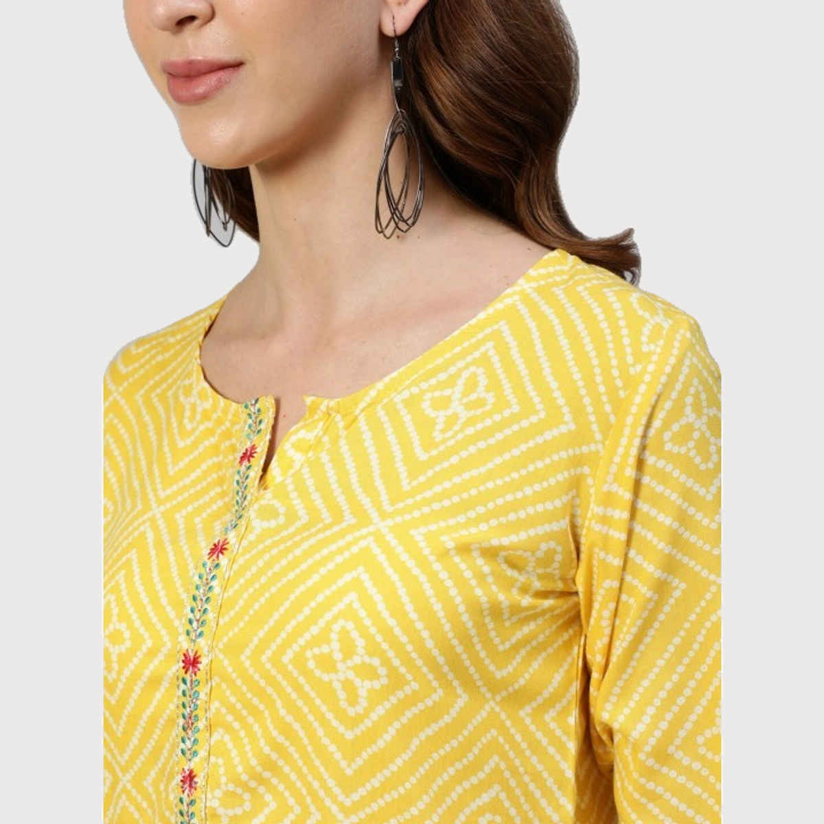 Anubhutee Bandhani Printed Kurti | White and Yellow - XL