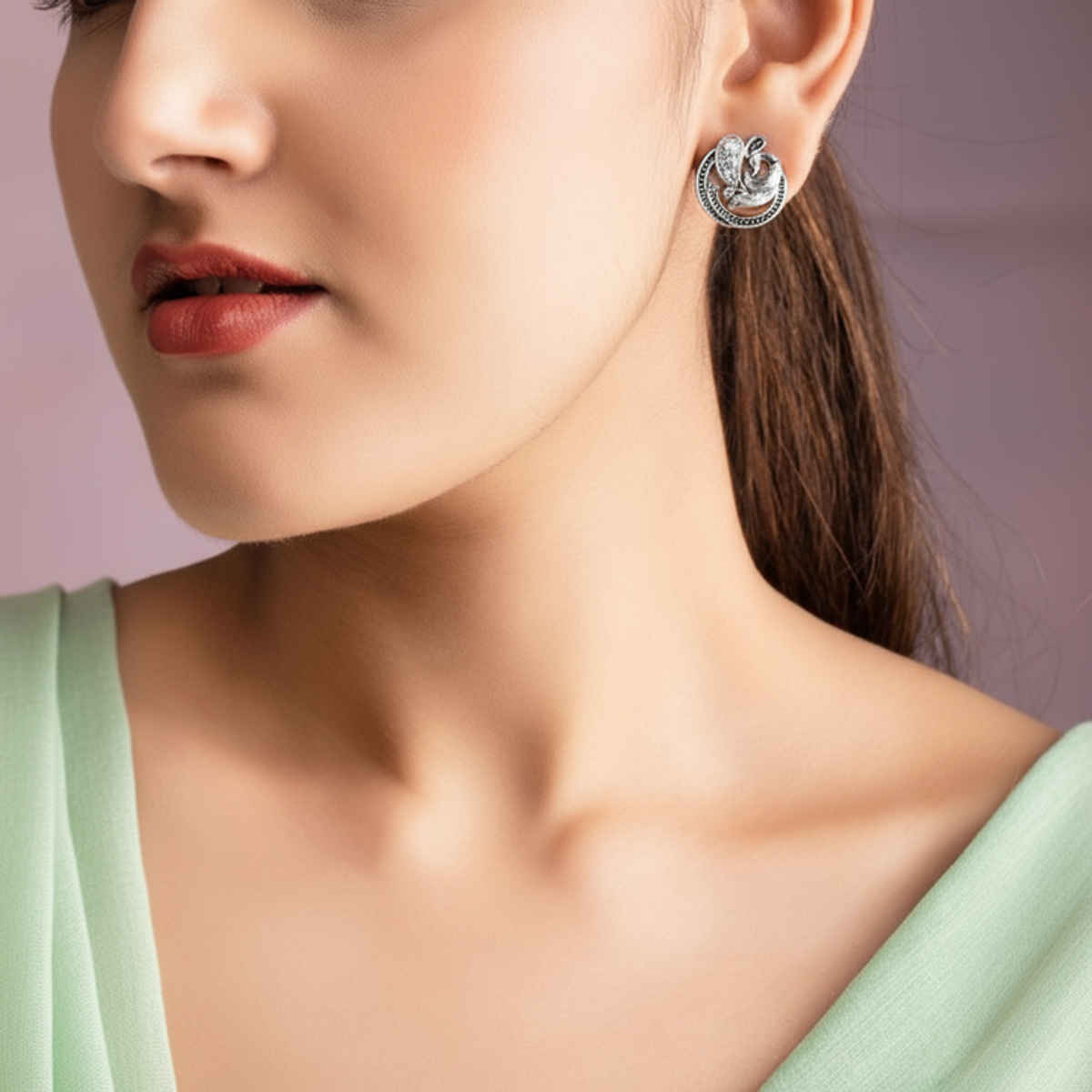 Rubans Silver-Plated American Diamond Studded Peacock Shaped Studs Earrings