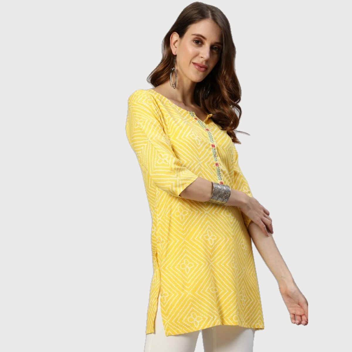 Anubhutee Bandhani Printed Kurti | White and Yellow - XL