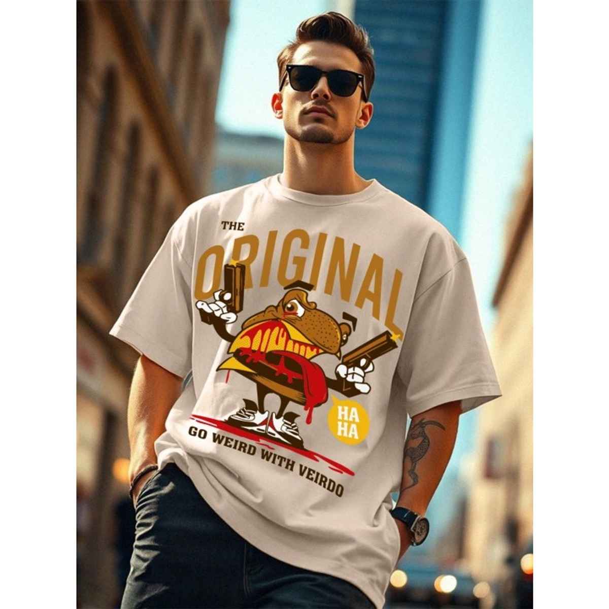 VEIRDO Men's Printed Oversized T-shirt | OS 100 FRGORGNL SW | Swan White - L