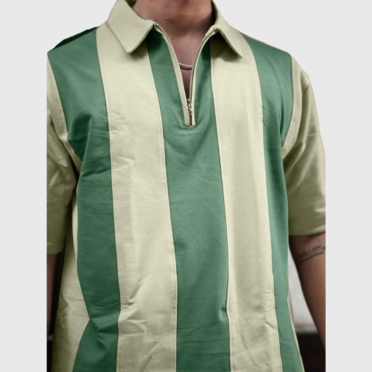 Maniac Men's Vertical Stripes Polo Neck Half Sleeve Cotton T-shirt | Biscuit & Hunter Green - M