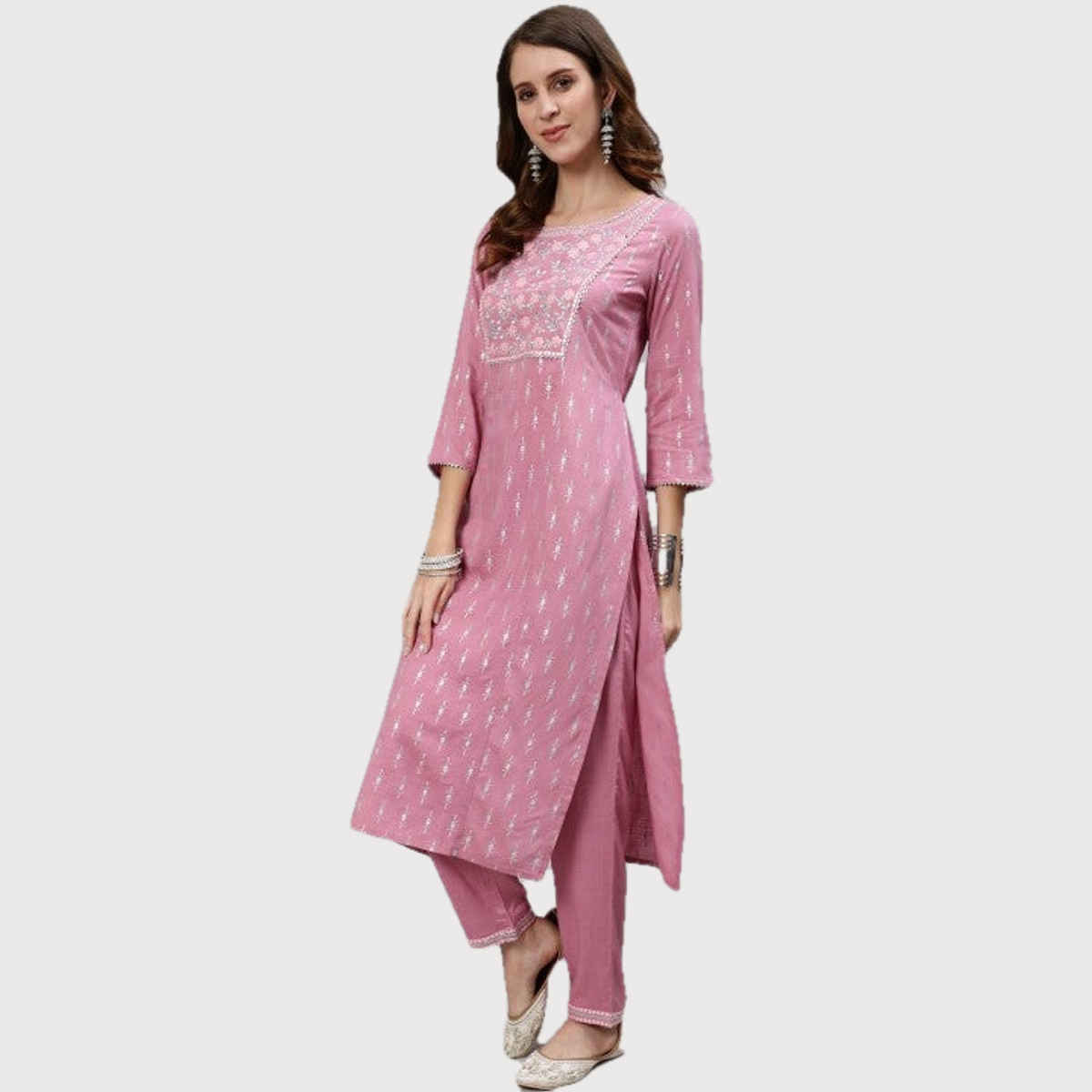Anubhutee Women's Ethnic Motifs Yoke Design Regular Mirror Work Kurta with Trousers | Mauve - S