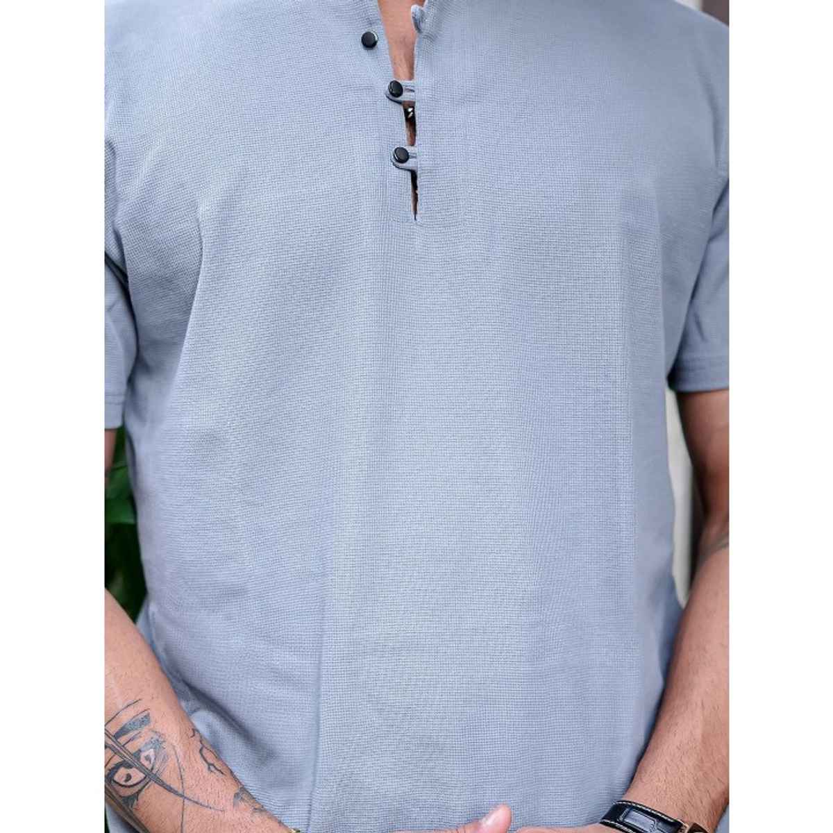Maniac Men's Solid Henley Neck Half Sleeve Light Grey Cotton Oversized T-Shirt | Light Grey | S