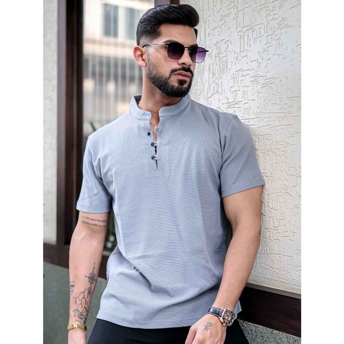 Maniac Men's Solid Henley Neck Half Sleeve Light Grey Cotton Oversized T-Shirt | Light Grey | S