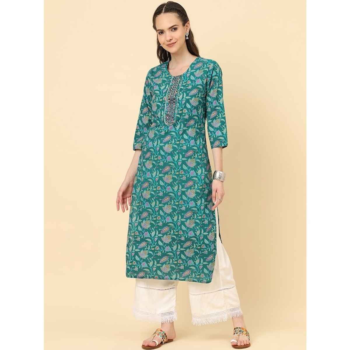 Varanga Women's Floral Printed Straight Kurta | VKUR1867 | Turquoise Blue - M