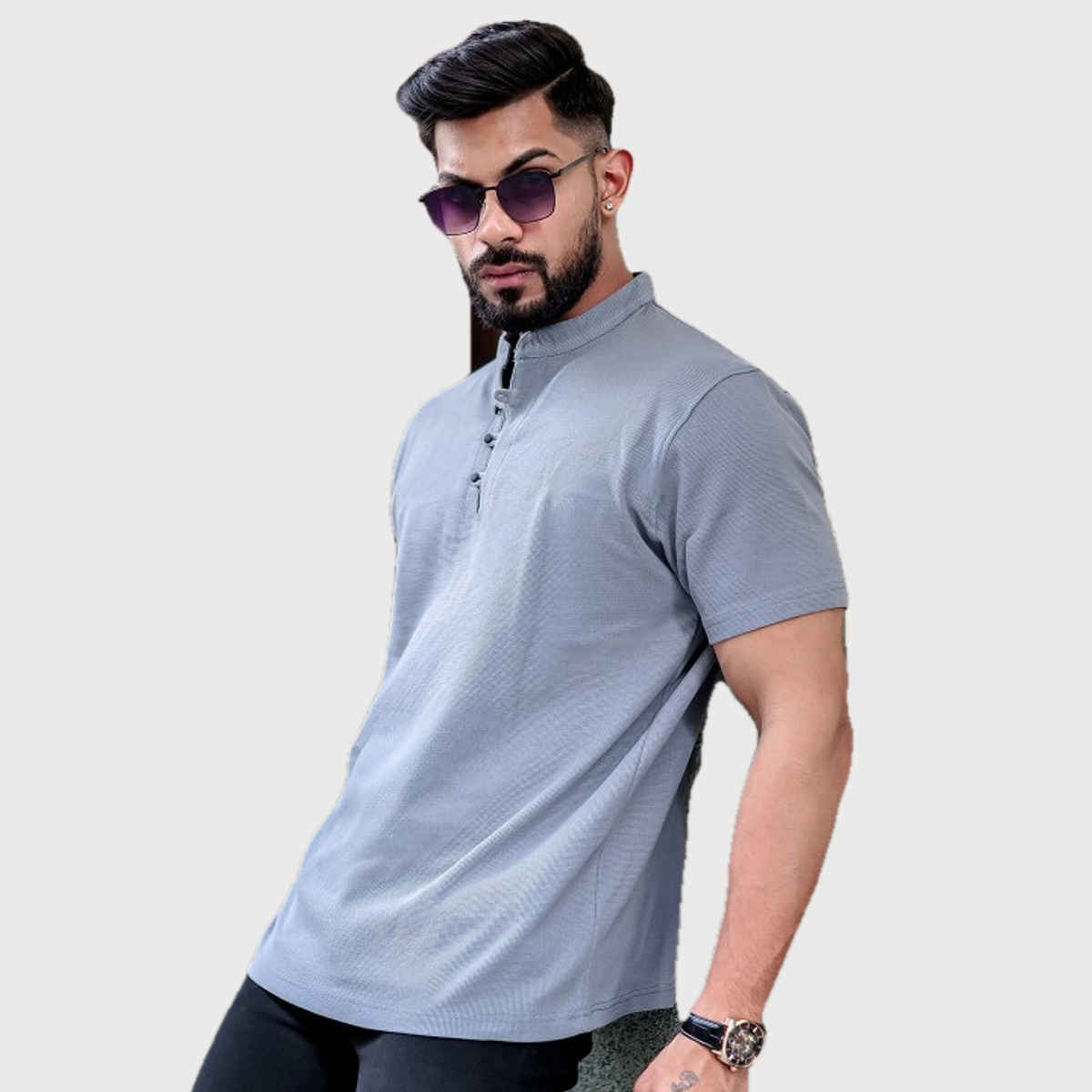 Maniac Men's Solid Henley Neck Half Sleeve Light Grey Cotton Oversized T-Shirt | Light Grey | M