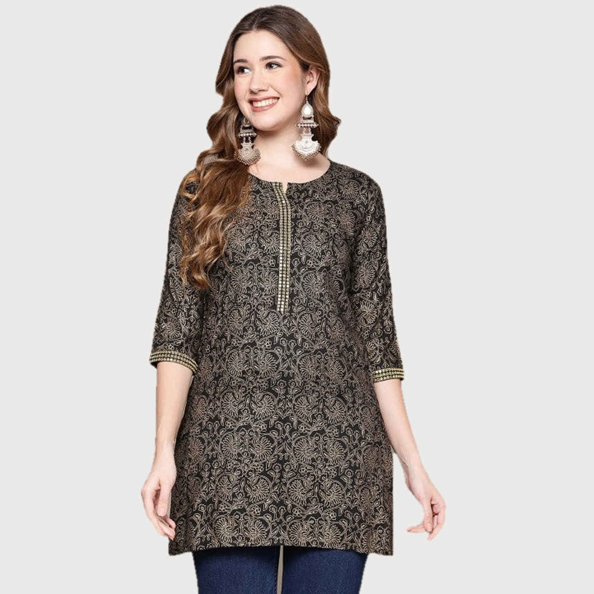 Anubhutee Women's Printed Tunic Top | Black and Golden - M