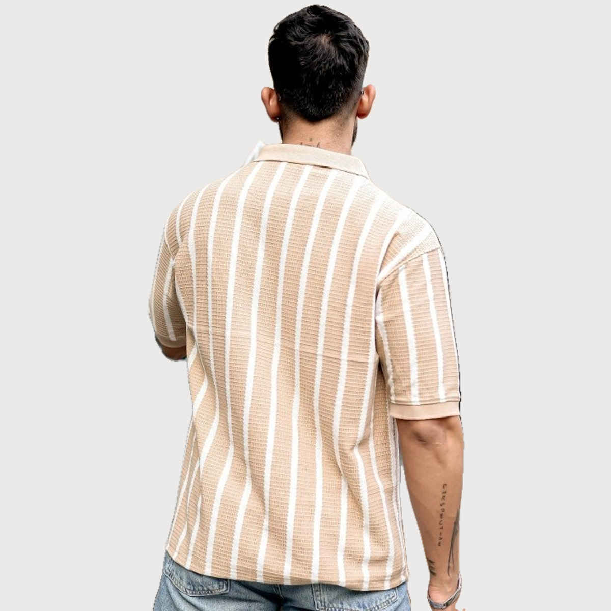 Maniac Men's Vertical Stripe Polo Neck Half Sleeve Beige Polycotton Oversized T-Shirt | Beige | S