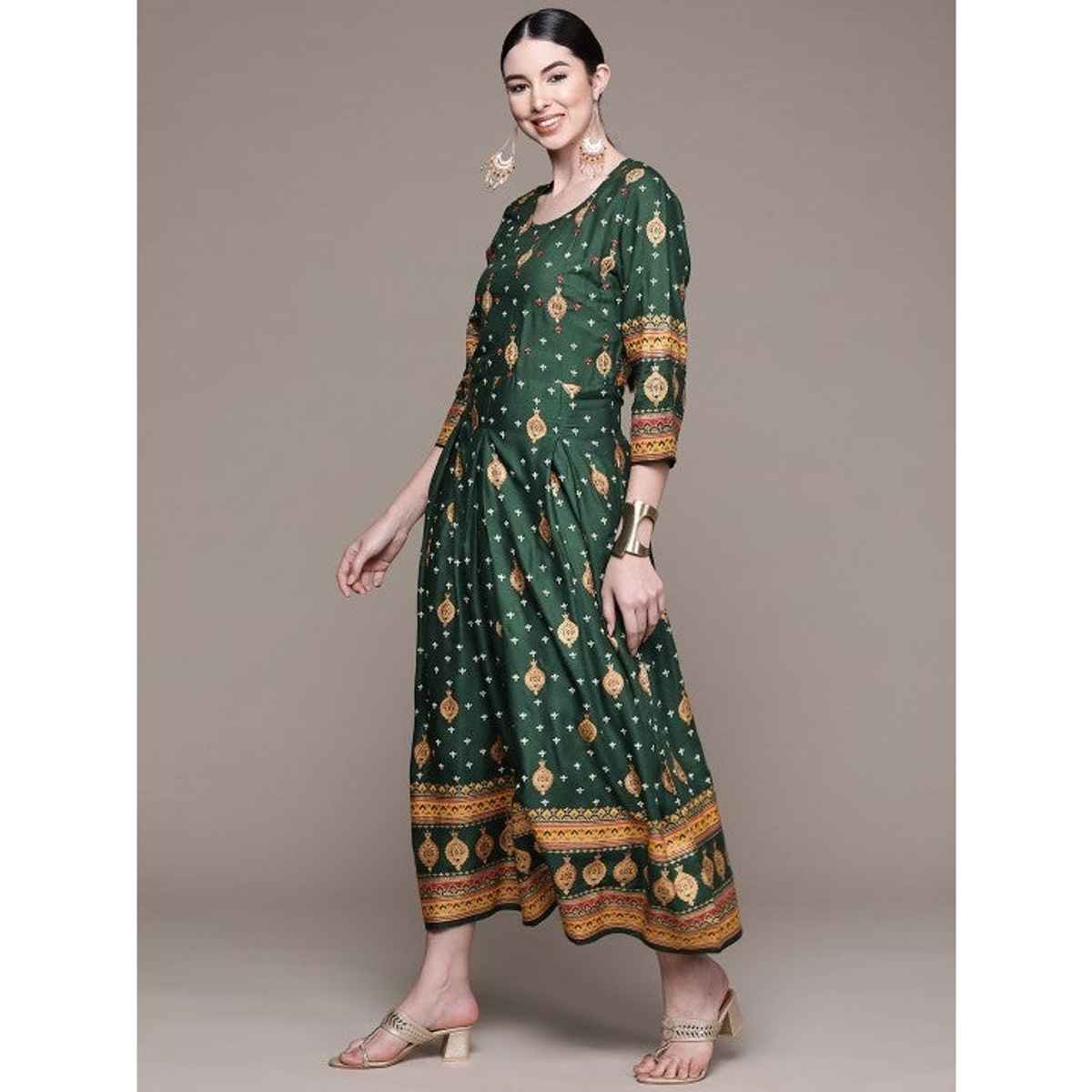 Anubhutee Women Printed Ethnic Dress | Green - L