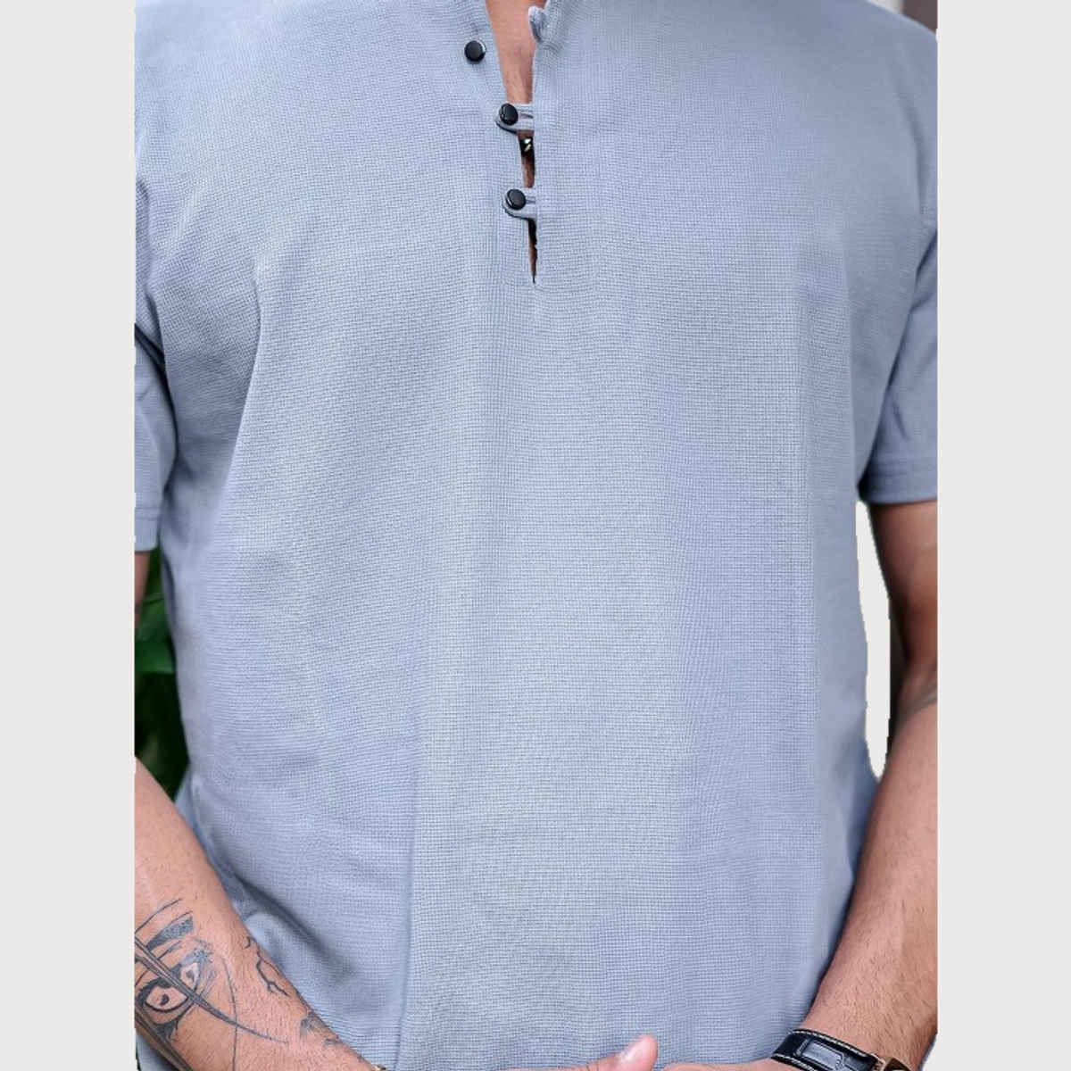 Maniac Men's Solid Henley Neck Half Sleeve Light Grey Cotton Oversized T-Shirt | Light Grey | M