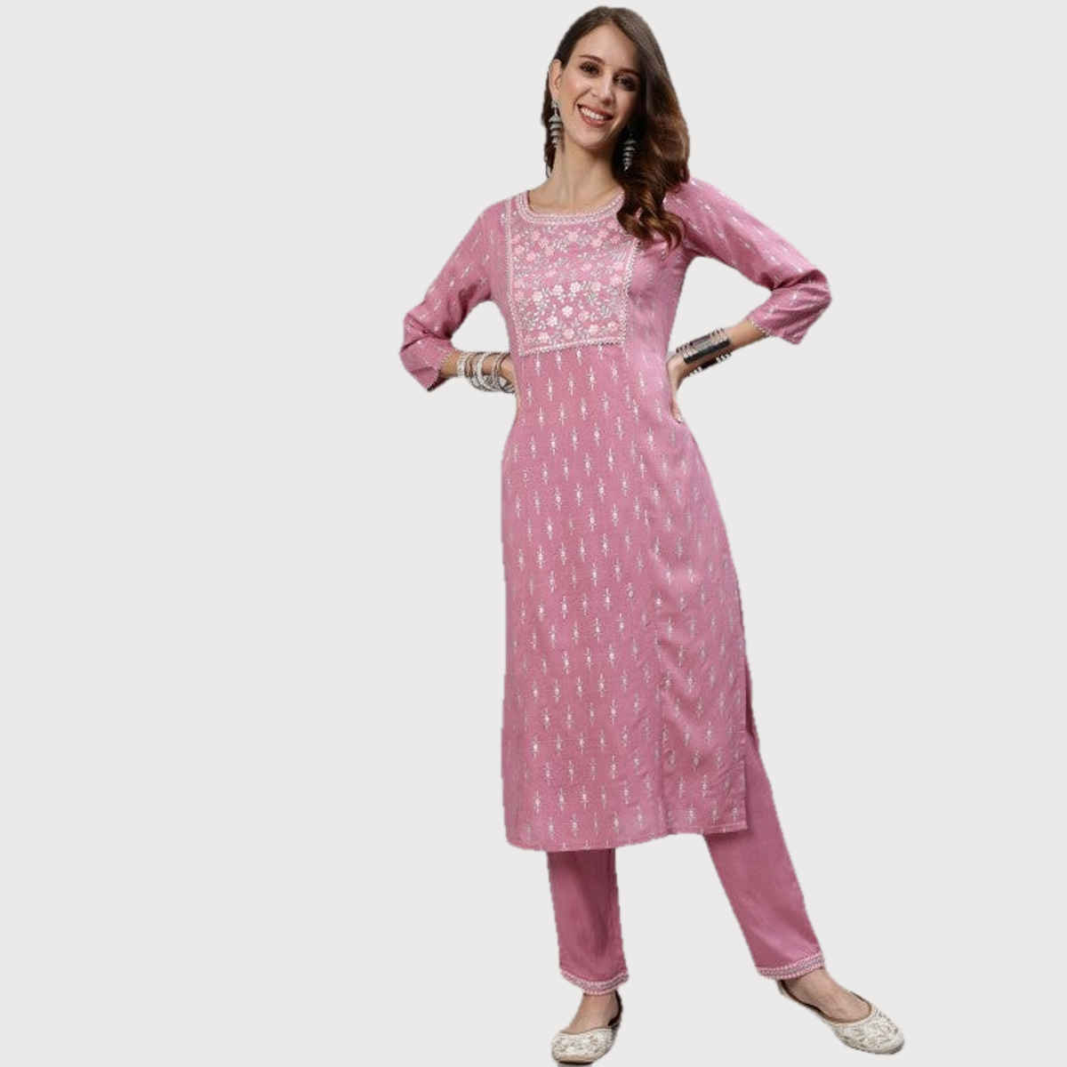 Anubhutee Women's Ethnic Motifs Yoke Design Regular Mirror Work Kurta with Trousers | Mauve - S