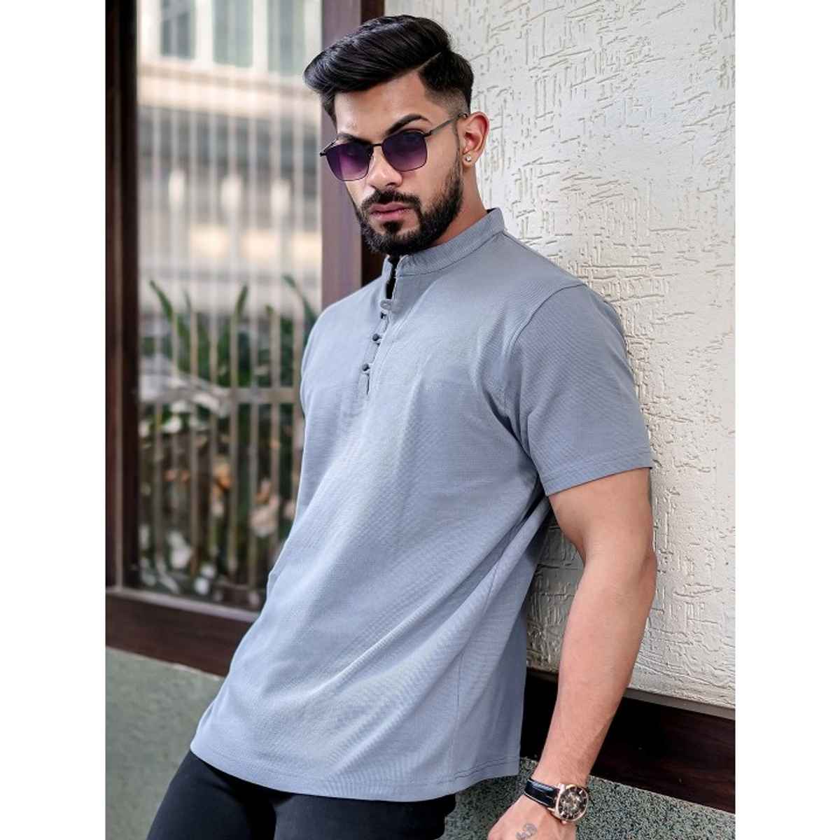 Maniac Men's Solid Henley Neck Half Sleeve Light Grey Cotton Oversized T-Shirt | Light Grey | S