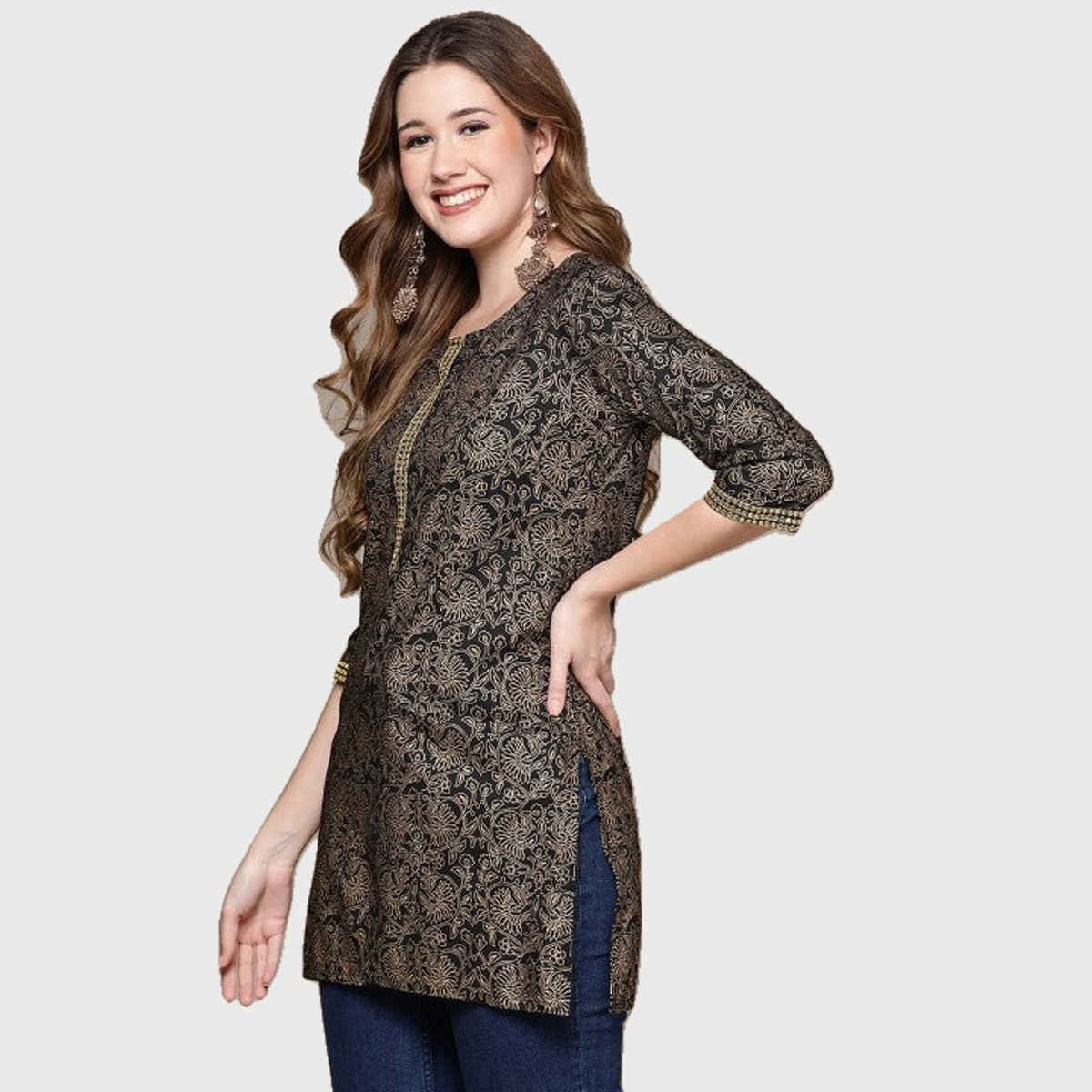 Anubhutee Women's Printed Tunic Top | Black and Golden - M