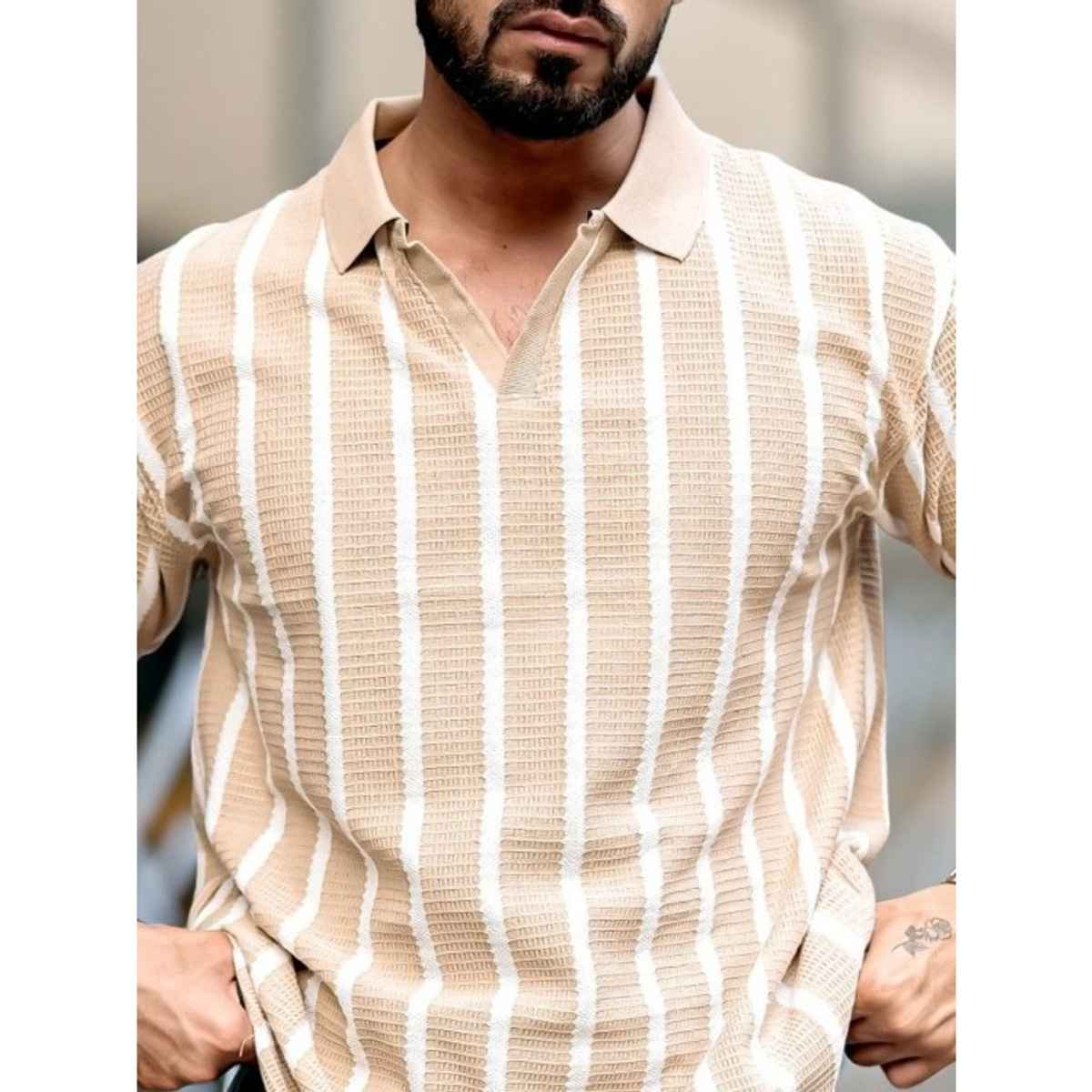 Maniac Men's Vertical Stripe Polo Neck Half Sleeve Beige Polycotton Oversized T-Shirt | Beige | S