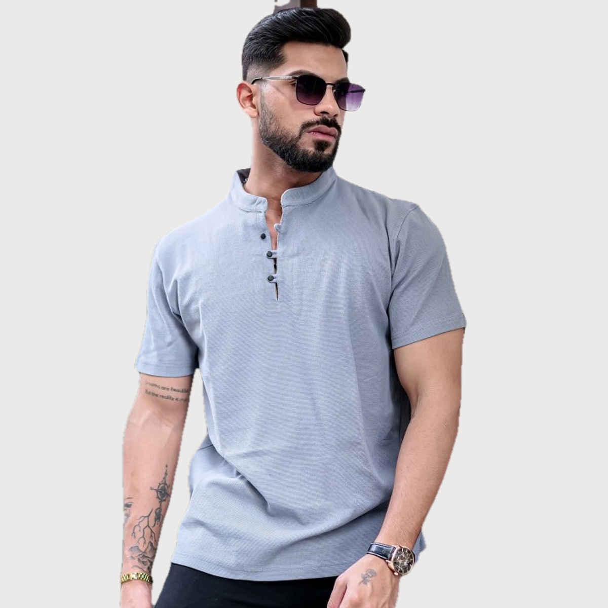 Maniac Men's Solid Henley Neck Half Sleeve Light Grey Cotton Oversized T-Shirt | Light Grey | M