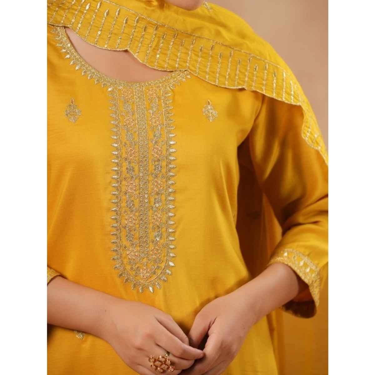 Ishin Women Straight Ethnic Poly Silk Kurta Set with Dupatta | INWSDAW231202 | Mustard - L