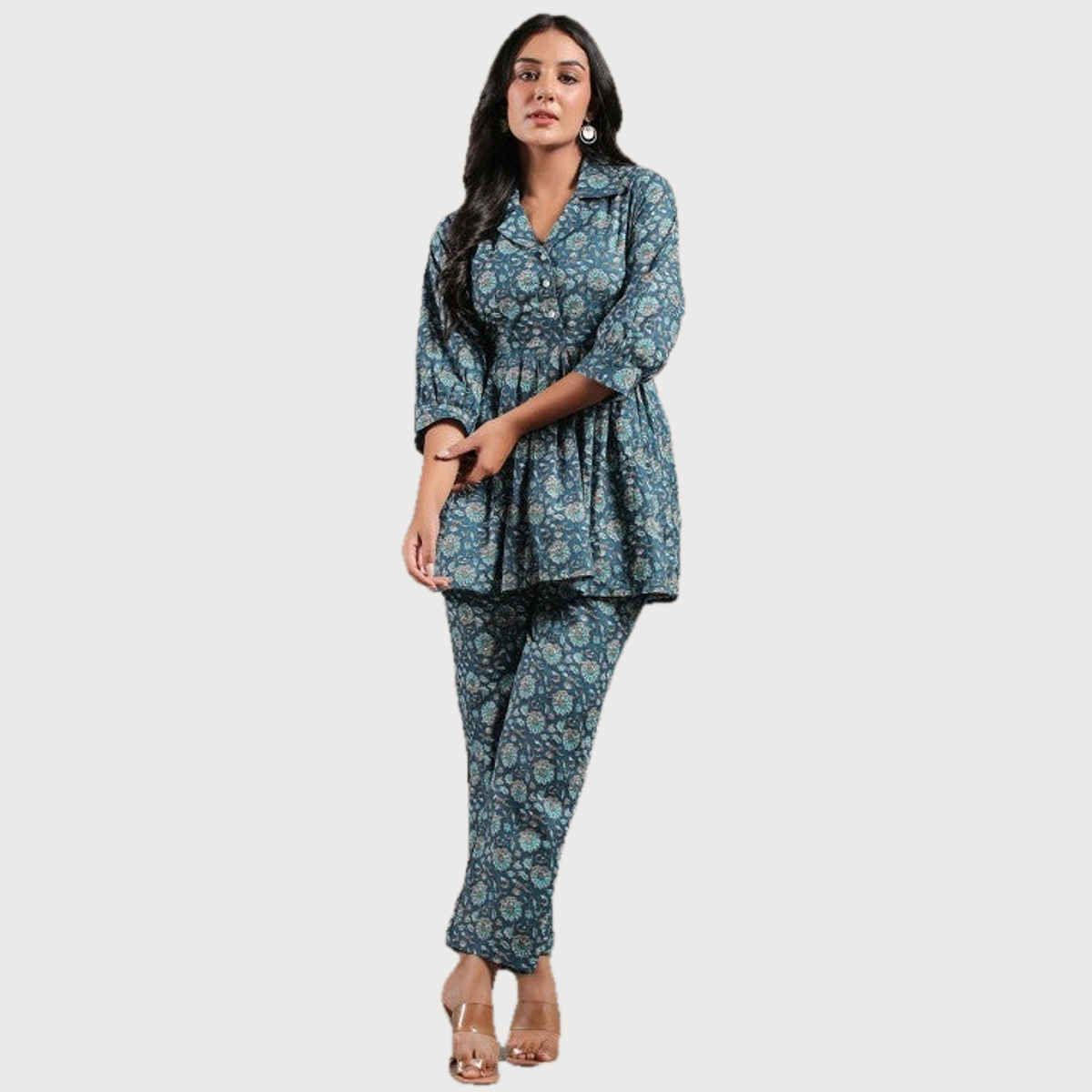Anubhutee Women's Ethnic Wear 100% cotton Flared Kurta Set | Navy Blue - L