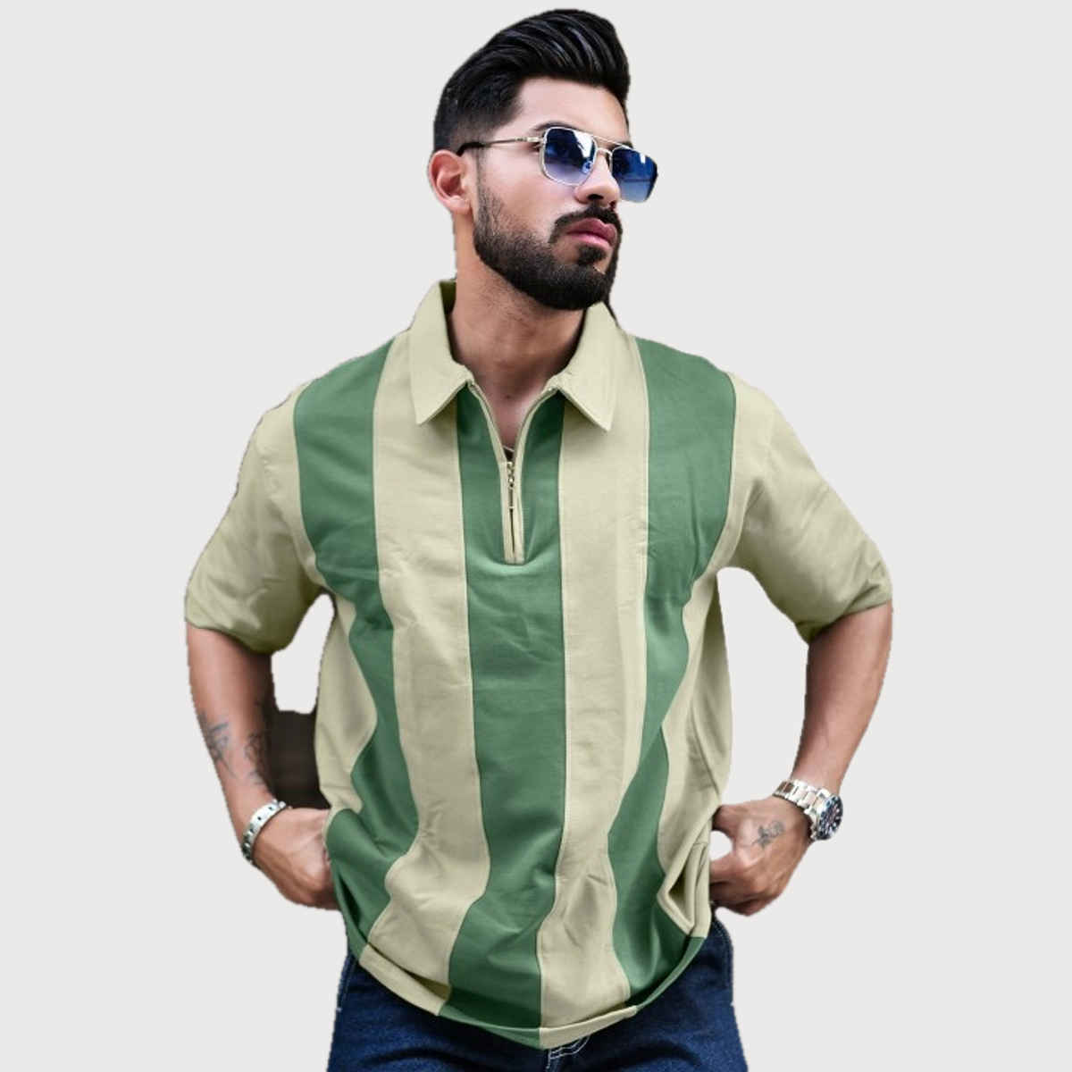 Maniac Men's Vertical Stripes Polo Neck Half Sleeve Cotton T-shirt | Biscuit & Hunter Green - M
