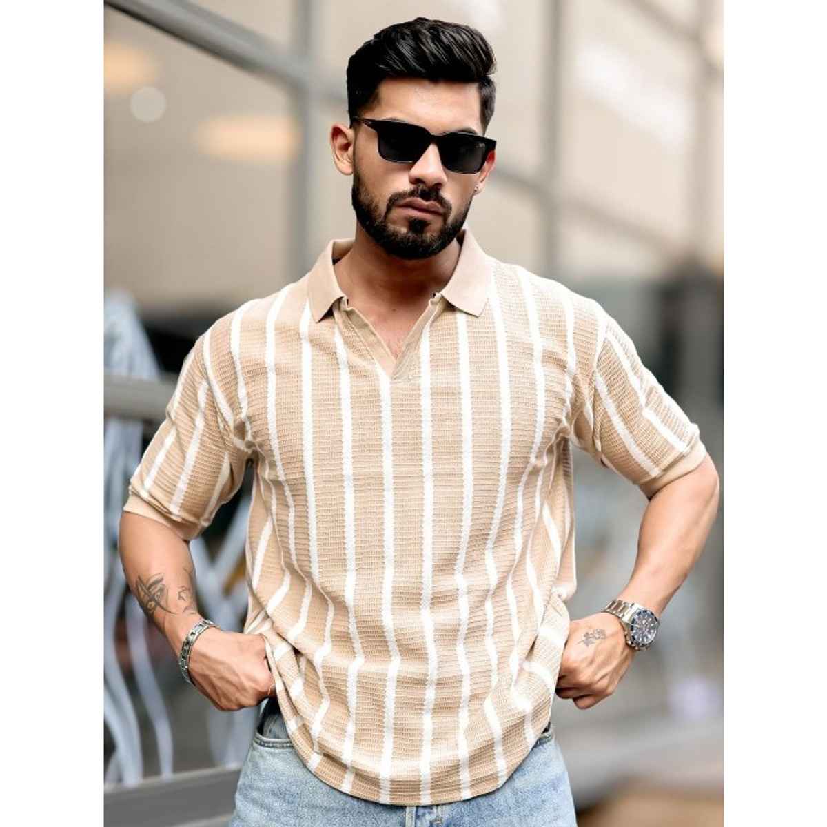 Maniac Men's Vertical Stripe Polo Neck Half Sleeve Beige Polycotton Oversized T-Shirt | Beige | S