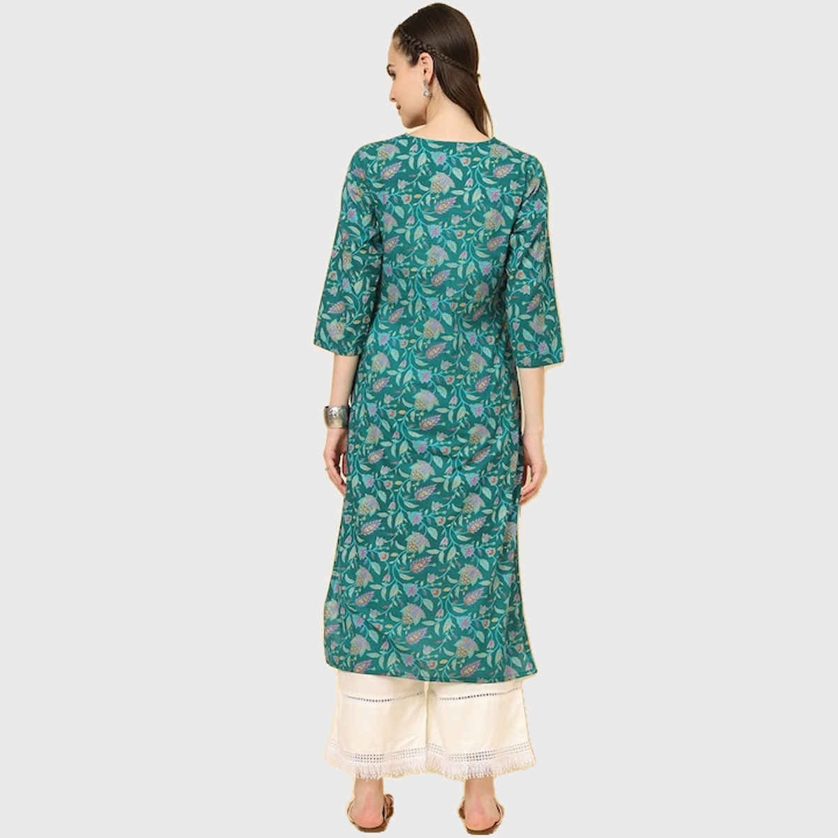 Varanga Women's Floral Printed Straight Kurta | VKUR1867 | Turquoise Blue - M