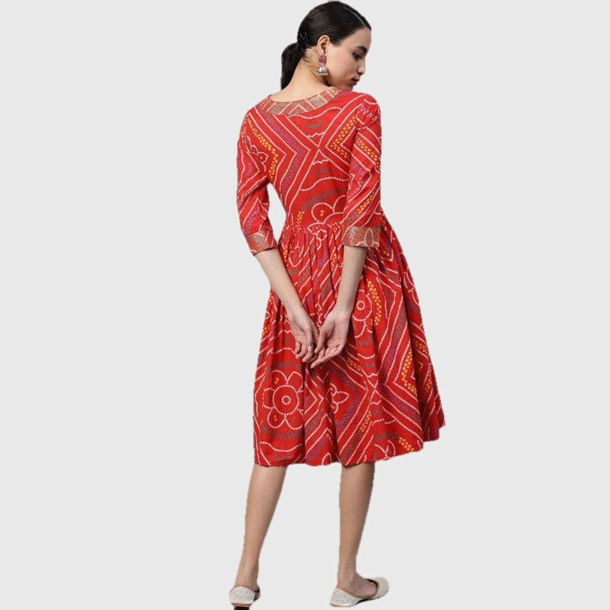 Anubhutee Bandhani Printed Pure Cotton Angrakha A-Line Dress | Red and White - S
