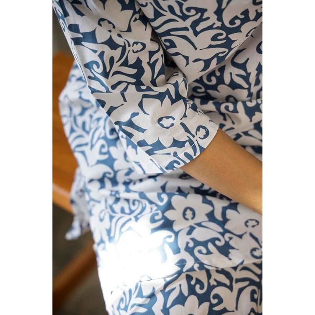 Sanskrutihomes Shirt Collar Pure Cotton Night Suit | Blue - M