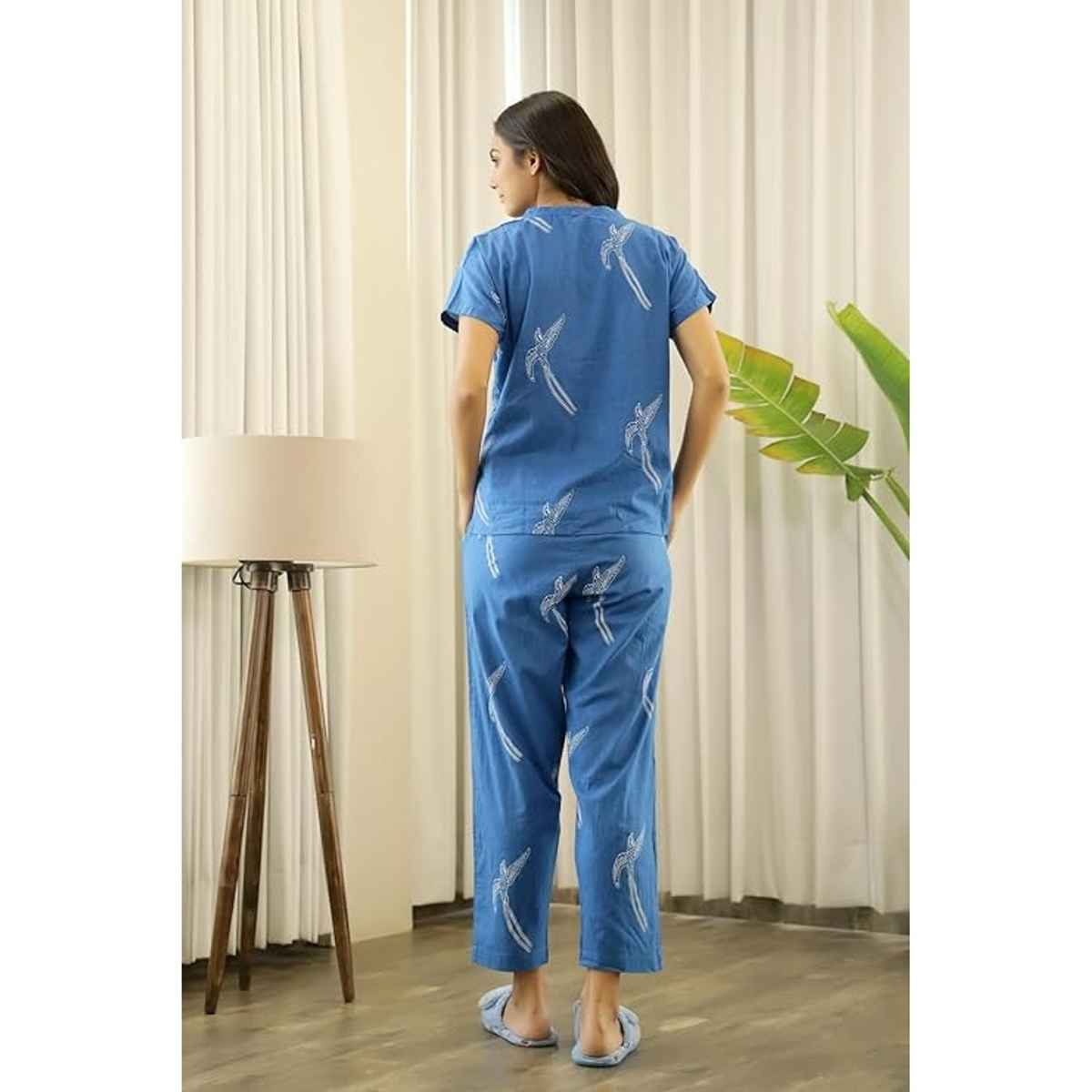 Sanskrutihomes Women's Printed Pure Cotton Night Suit | Blue - S