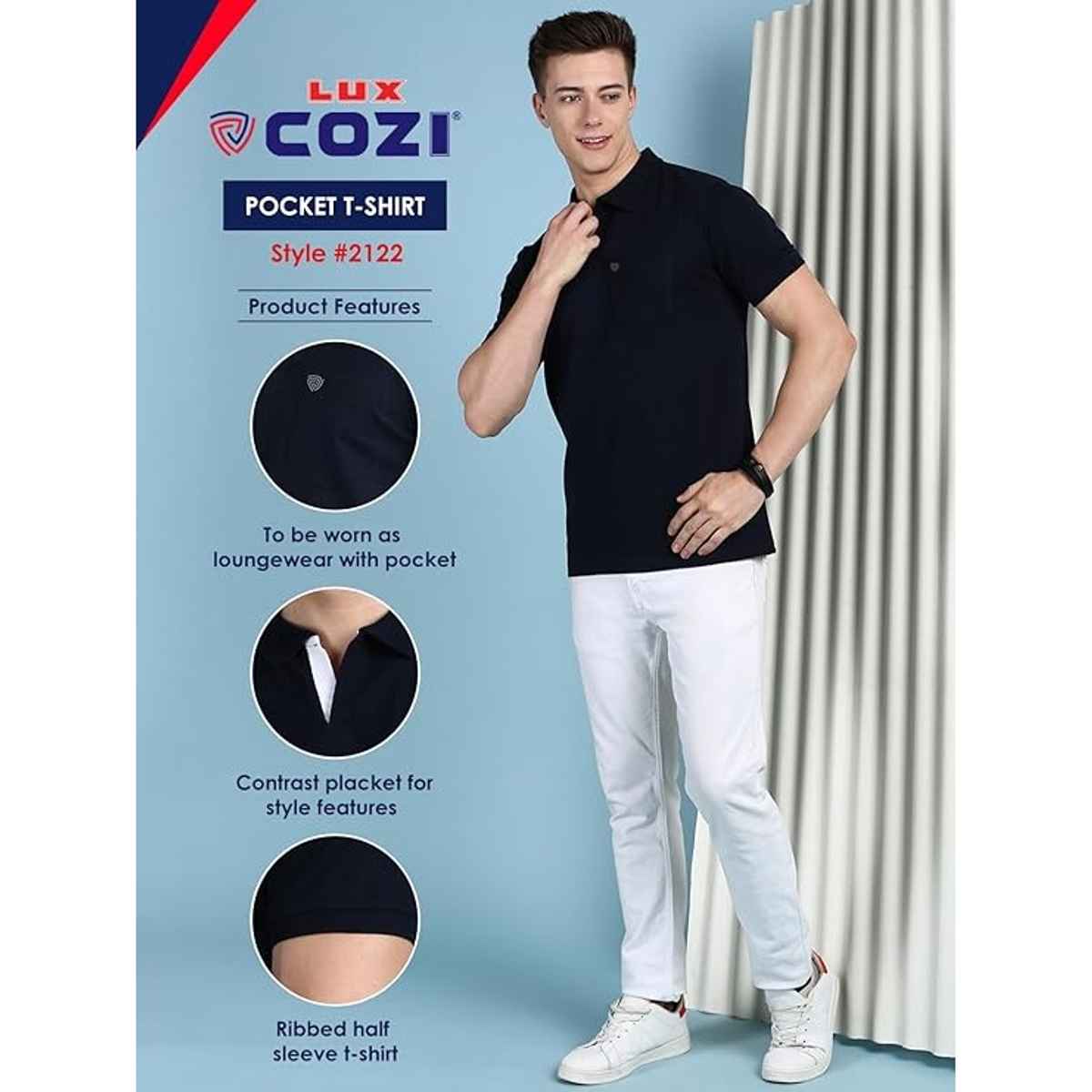 Lux Cozi Men's Solid Cotton Polo T-shirt with Pocket | Navy - L