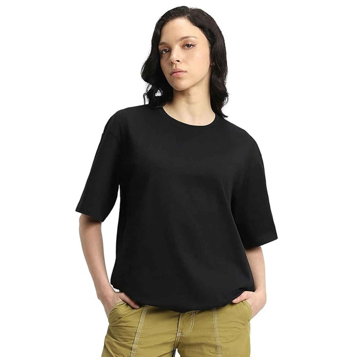 Juneberry Black Oversized Fit Round Neck T-shirt for Women - M