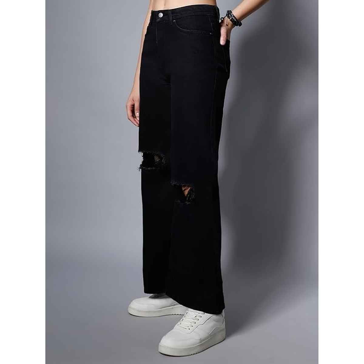 High Star Women's Wide Leg High-Rise Slash Knee Jeans | Black - 32
