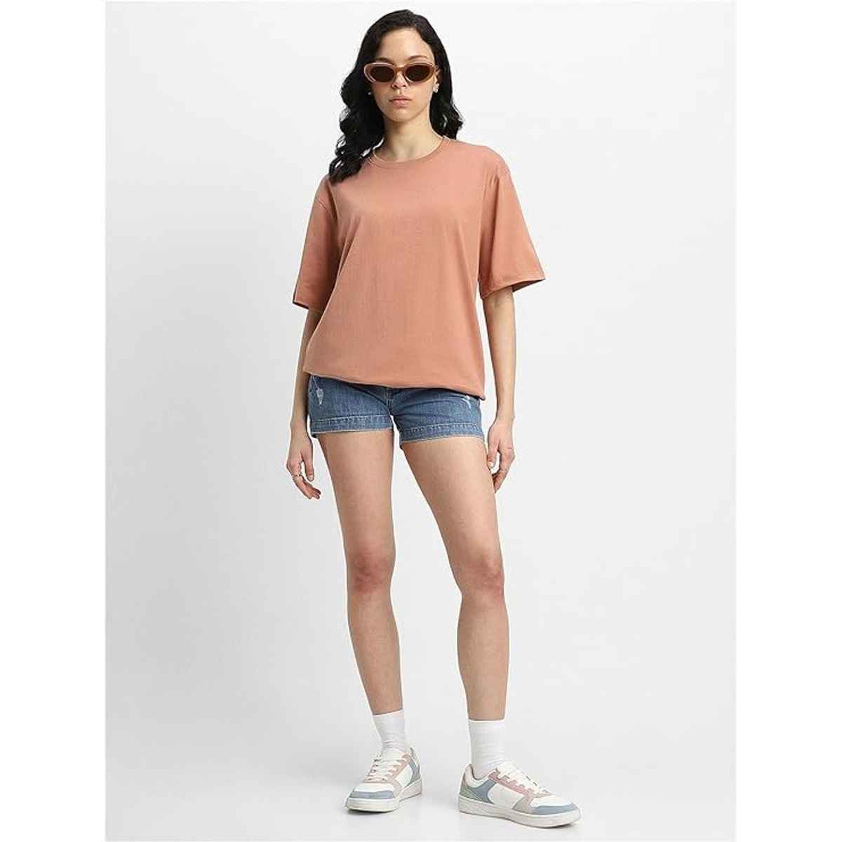 Juneberry Cork Oversized Fit Round Neck T-shirt for Women - S