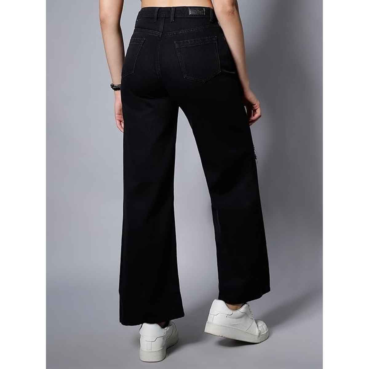 High Star Women's Wide Leg High-Rise Slash Knee Jeans | Black - 32