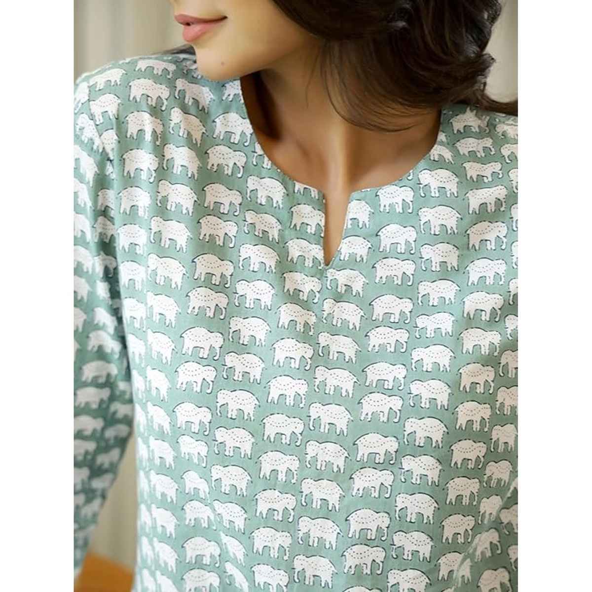 Sanskrutihomes Women's Printed Pure Cotton Night Suit | Green - XL