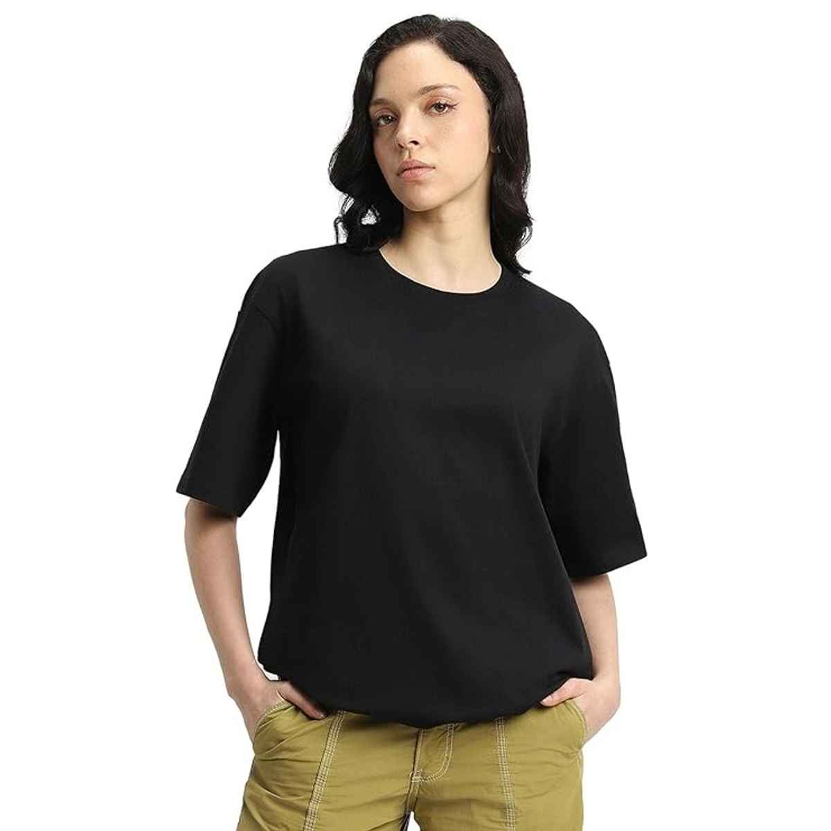 Juneberry Black Oversized Fit Round Neck T-shirt for Women - S
