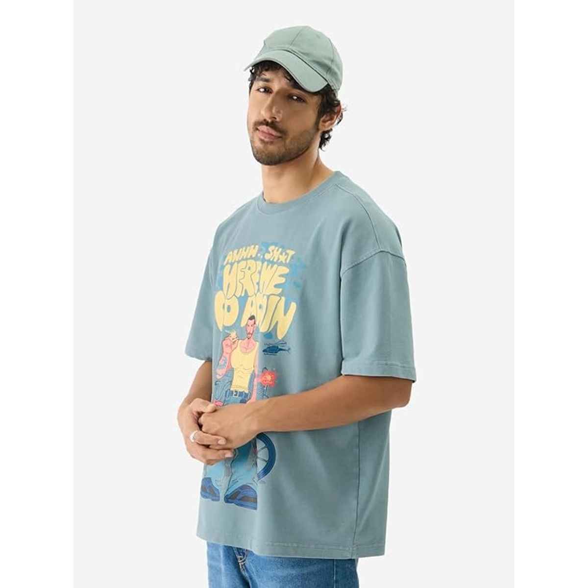 The Souled Store Men's Tss Originals- Here We Go Again Oversized T-Shirts, Green, XL