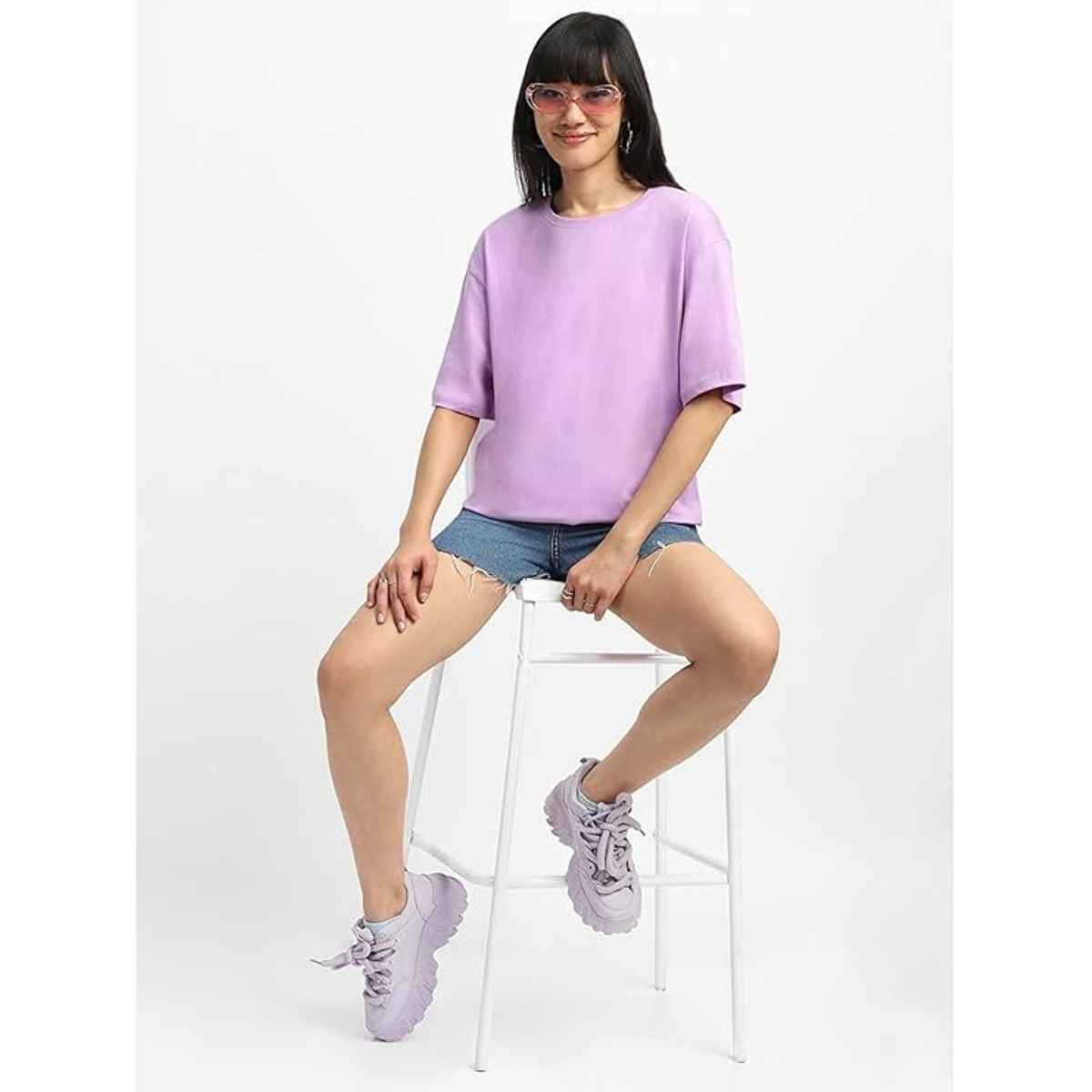 Juneberry Women T-shirt - Lilac | Round Neck, Oversized Fit | XL