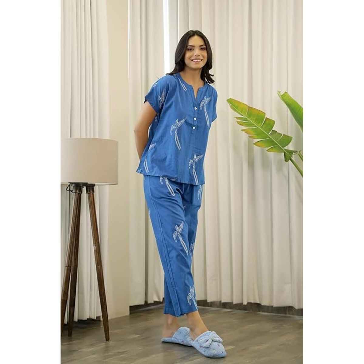 Sanskrutihomes Women's Printed Pure Cotton Night Suit | Blue - S