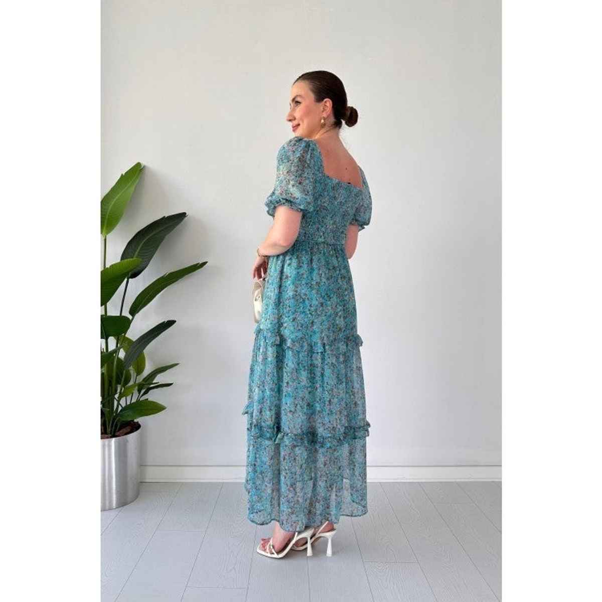 Sheetal Women's Floral Print Georgette Tiered Maxi Dress | DR11262 | Turquoise - XL