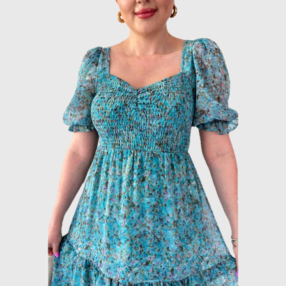 Sheetal Women's Floral Print Georgette Tiered Maxi Dress | DR11262 | Turquoise - M