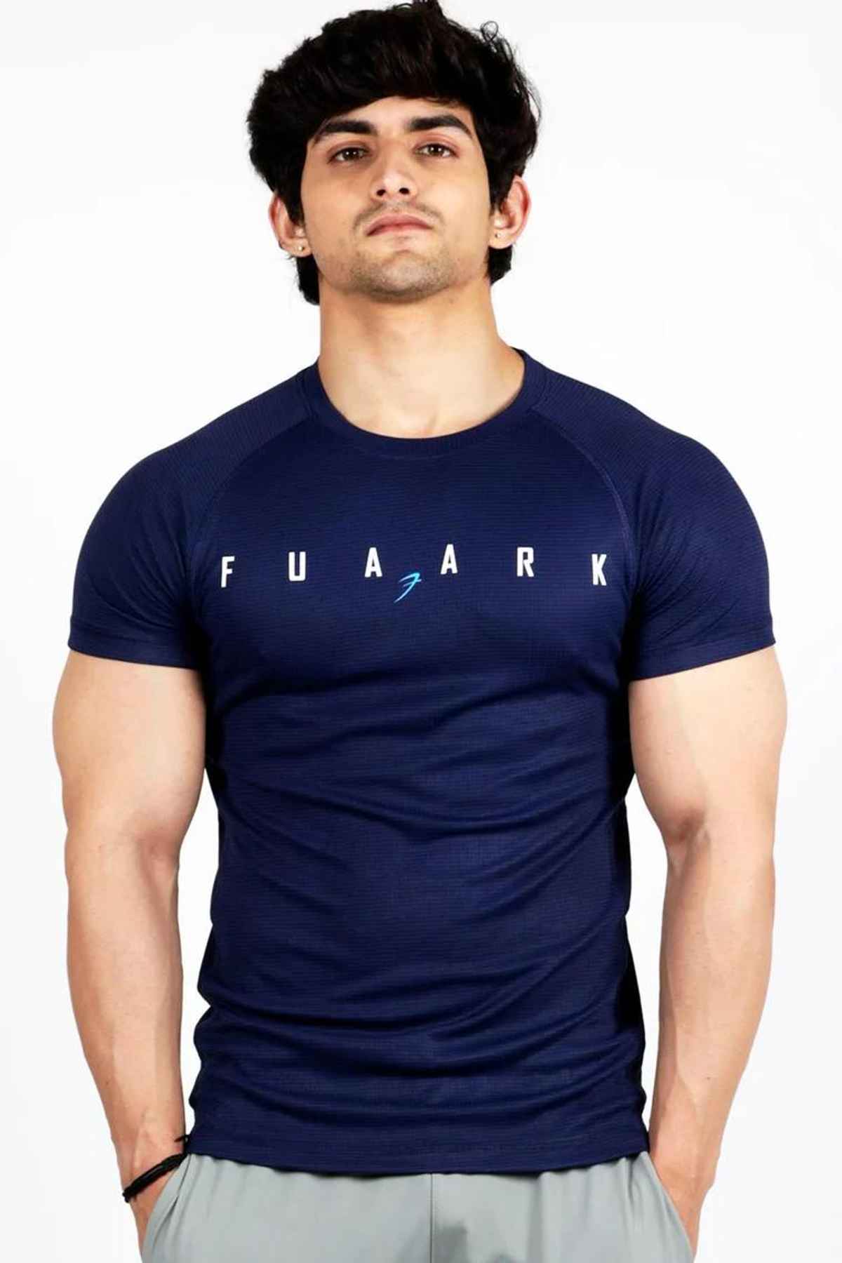 FUAARK Men's Checks Round Neck Slim Fit Gym & Active Wear Sports T-shirt | Navy Blue - L
