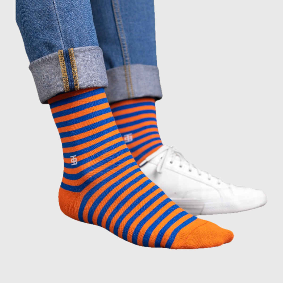 Socksoho Men's Striped Cotton Socks | Orange and Blue - Free Size
