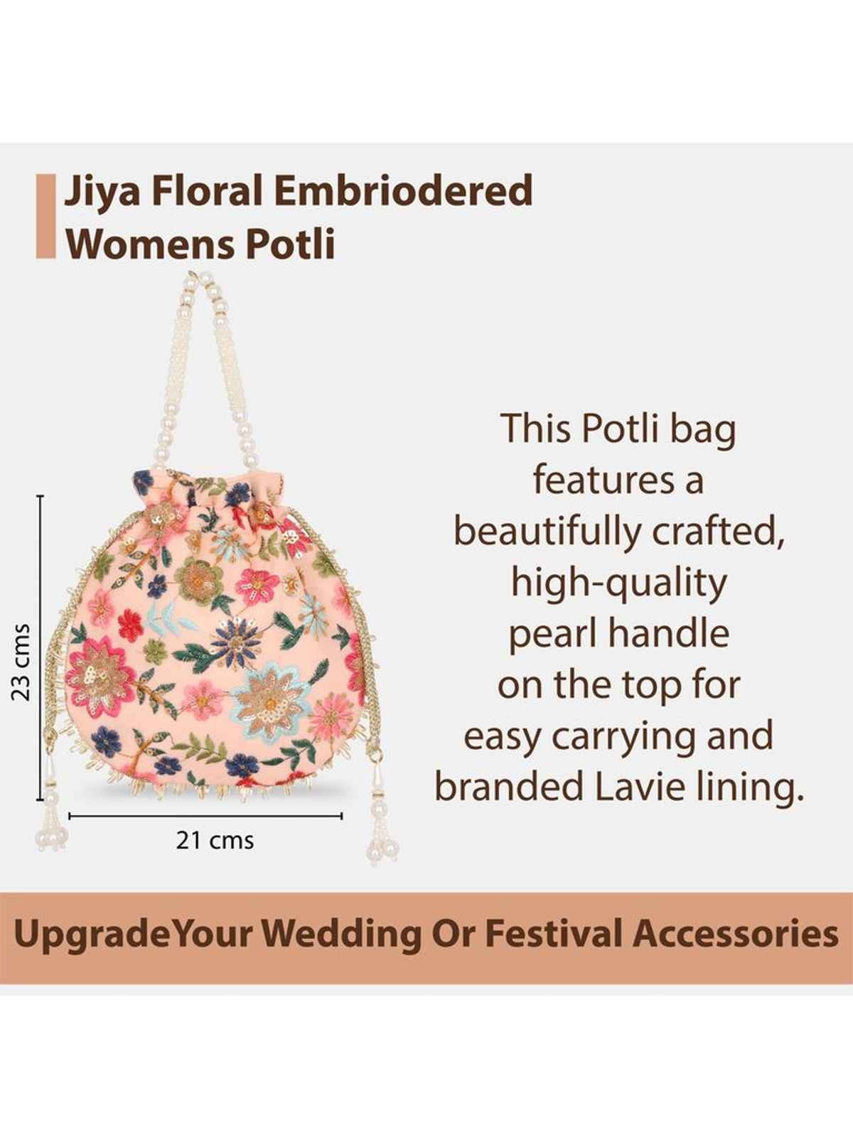 Lavie Women's Jiya Floral Embroidered Potli | Small | Light Pink
