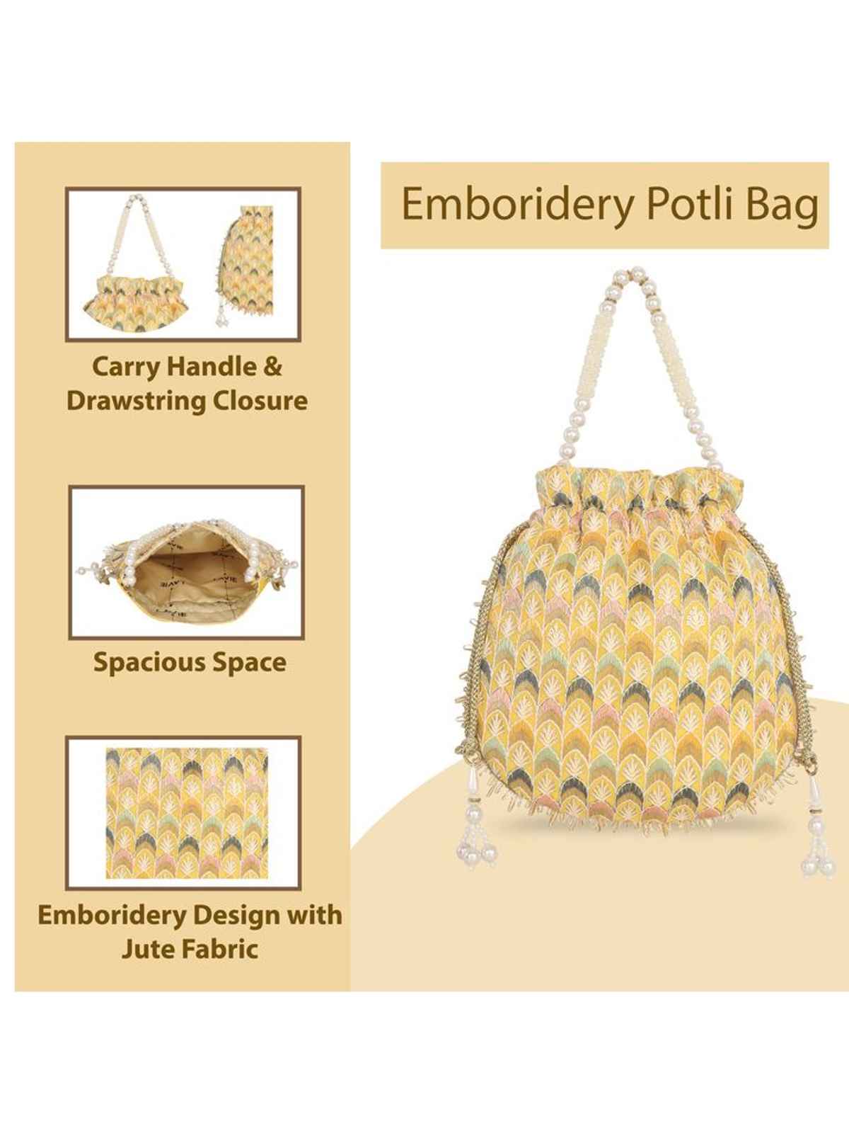 Lavie Women's Noor Chevron Embroidered Potli | Small | Yellow