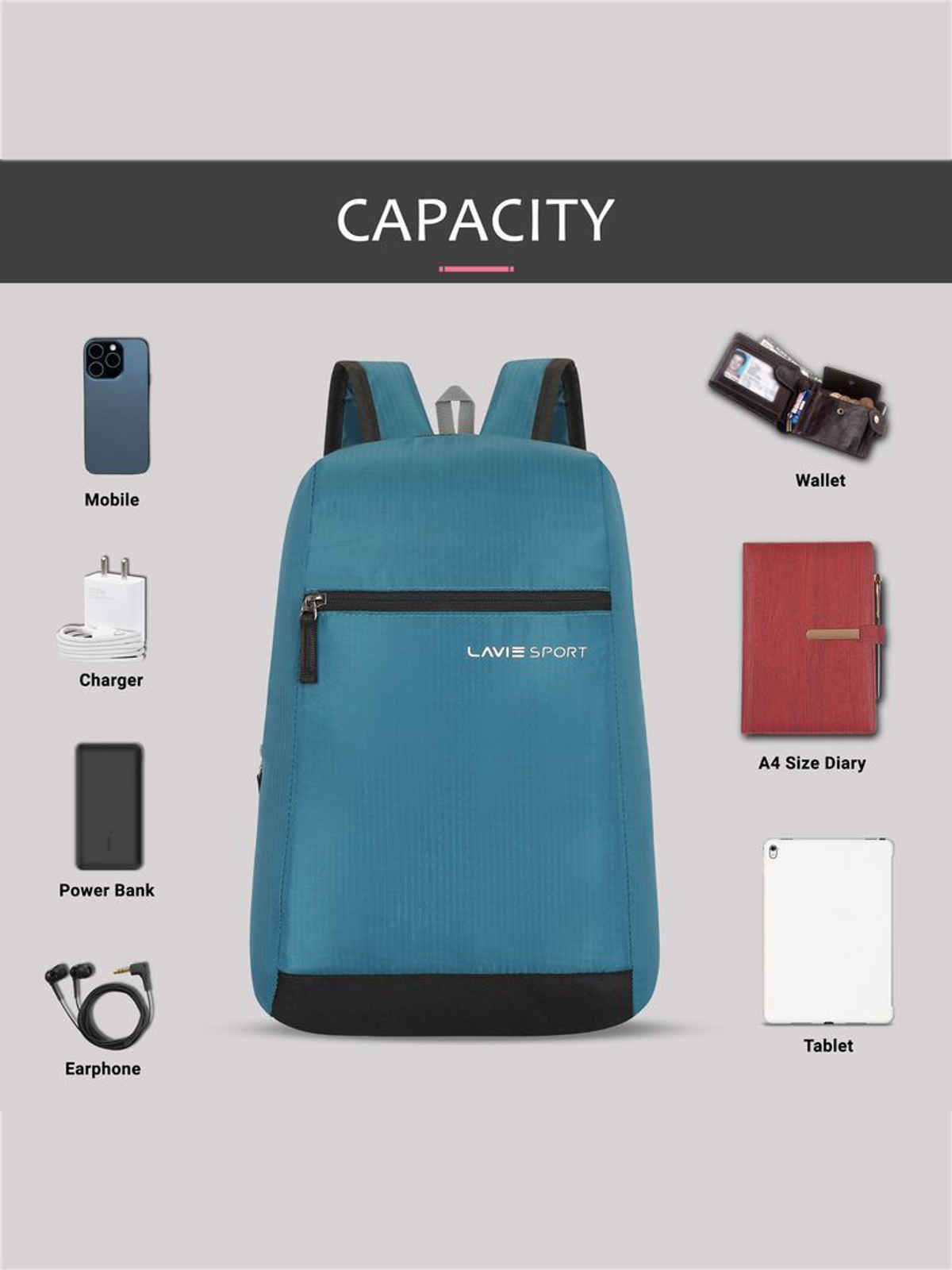 Lavie Sport Unisex Solid Polyester Top Handle Casual Backpack | Crystal Teal | S (25 x 12 x 37 cm)