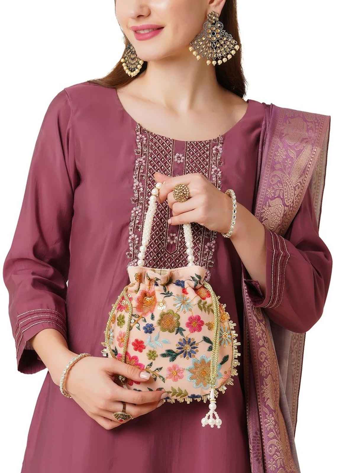 Lavie Women's Jiya Floral Embroidered Potli | Small | Light Pink
