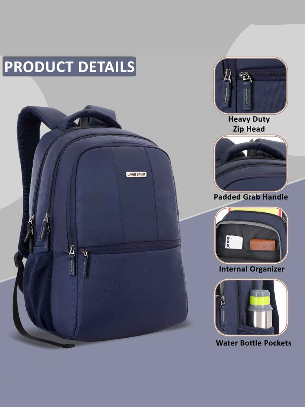 Lavie Sport Unisex Solid Polyester Laptop Backpack | Navy | M | (31.5 x 19 x 47 cm)