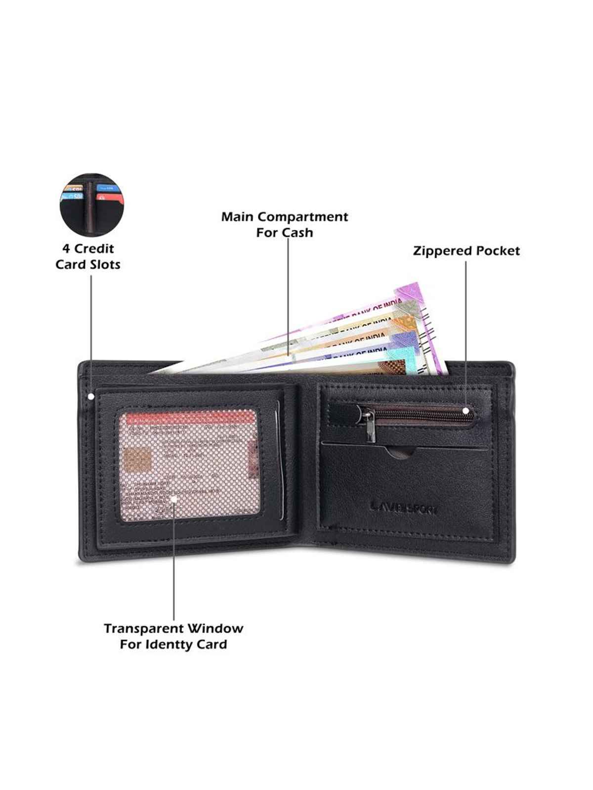 Lavie Sport Xavier Men's Wallet | 5 Card Slots | Biofold Wallet | Synthetic Leather | Purse - Black