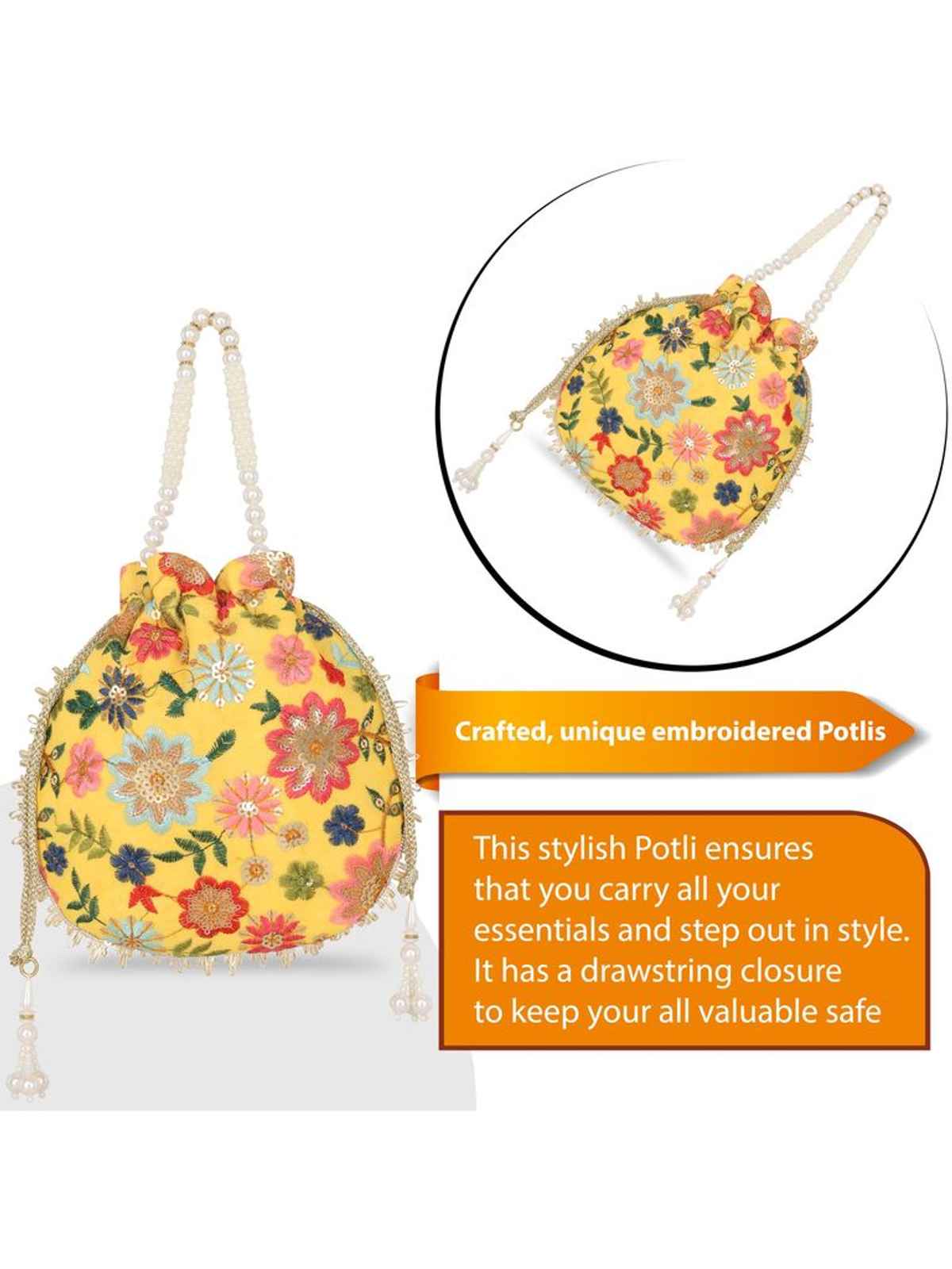 Lavie Women's Jiya Floral Embroidered Potli | Small | Ocher