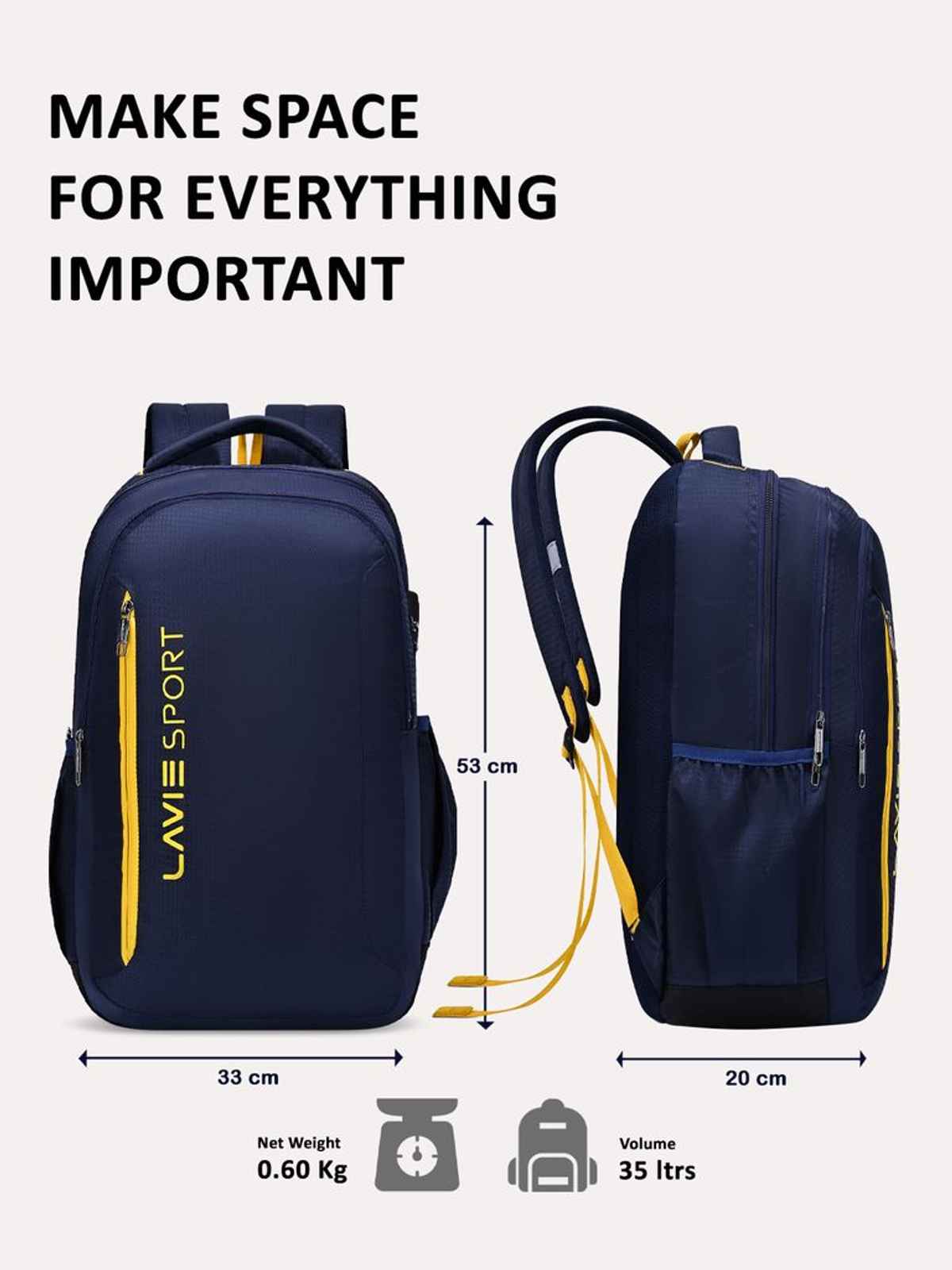 Lavie Sport Unisex Maverick 35 L Laptop Backpack| Fits Upto 15 Inch Laptop | Blue
