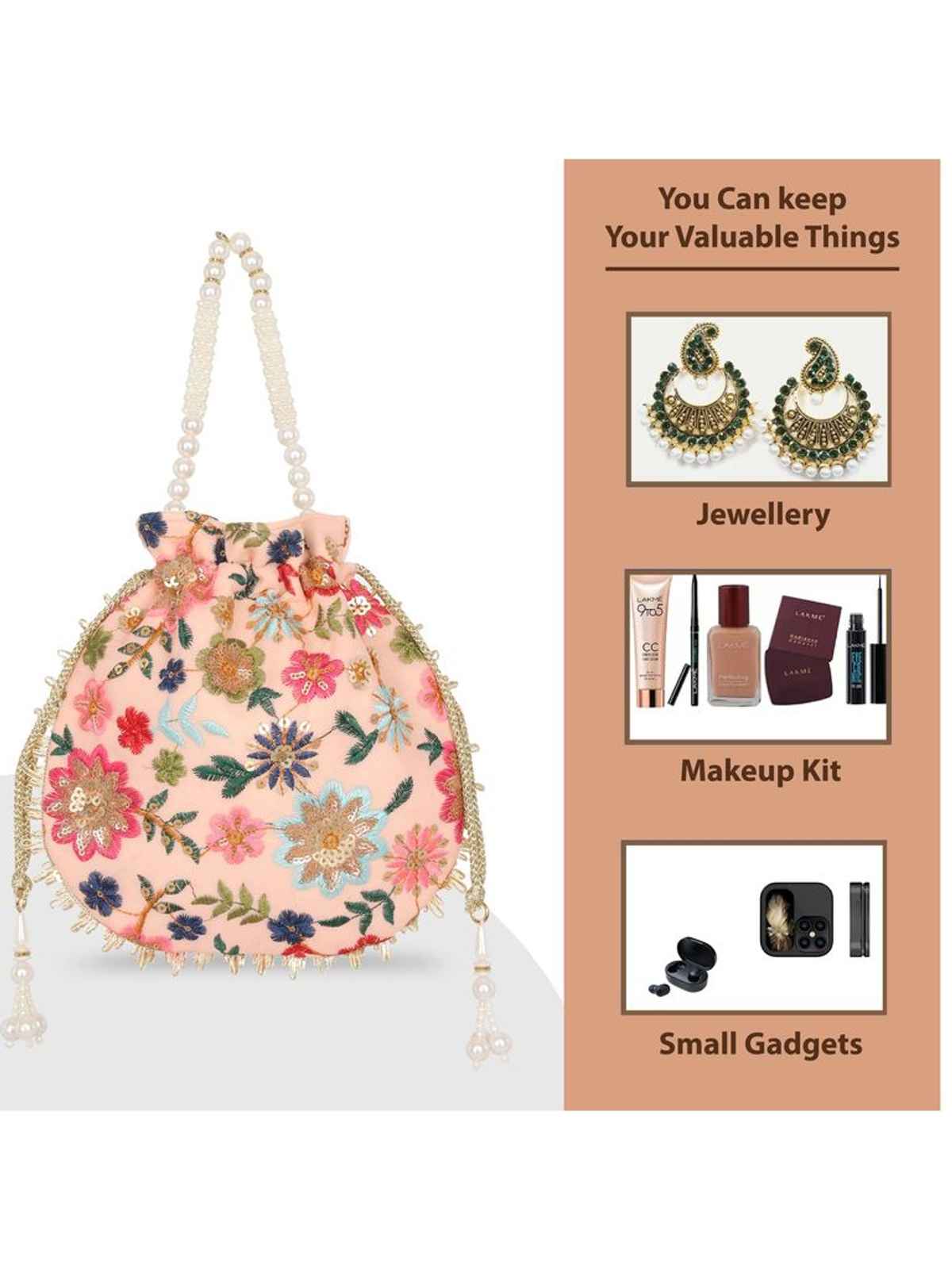 Lavie Women's Jiya Floral Embroidered Potli | Small | Light Pink